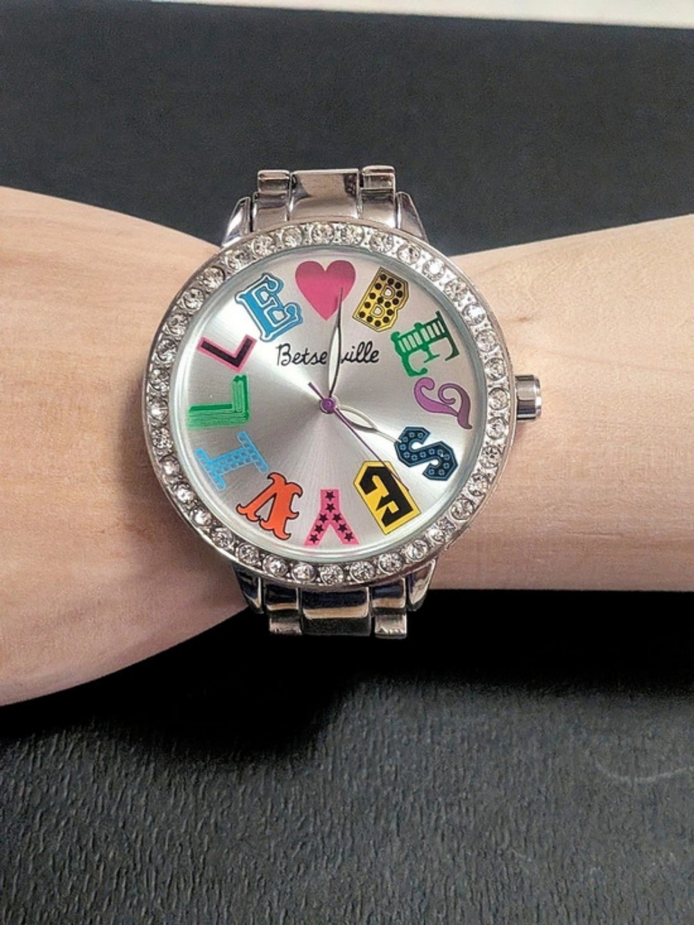 Betseyville By Betsey Johnson Silver-Tone Multi Color Crystal Bezel Y2K Watch